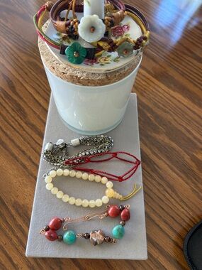 7 Colorful Beaded Bracelet Stack with Floral Accents plus 1 silver